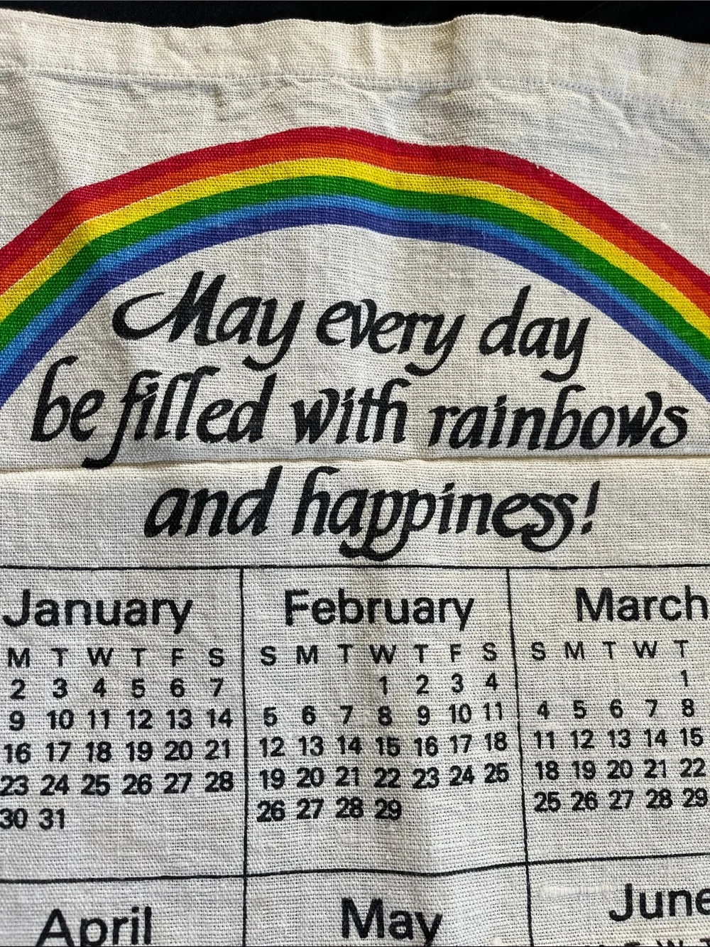 Vtg Linen Calendar 1984 Tea Kitchen Towel RAINBOW Flowers Leap Year Birthday